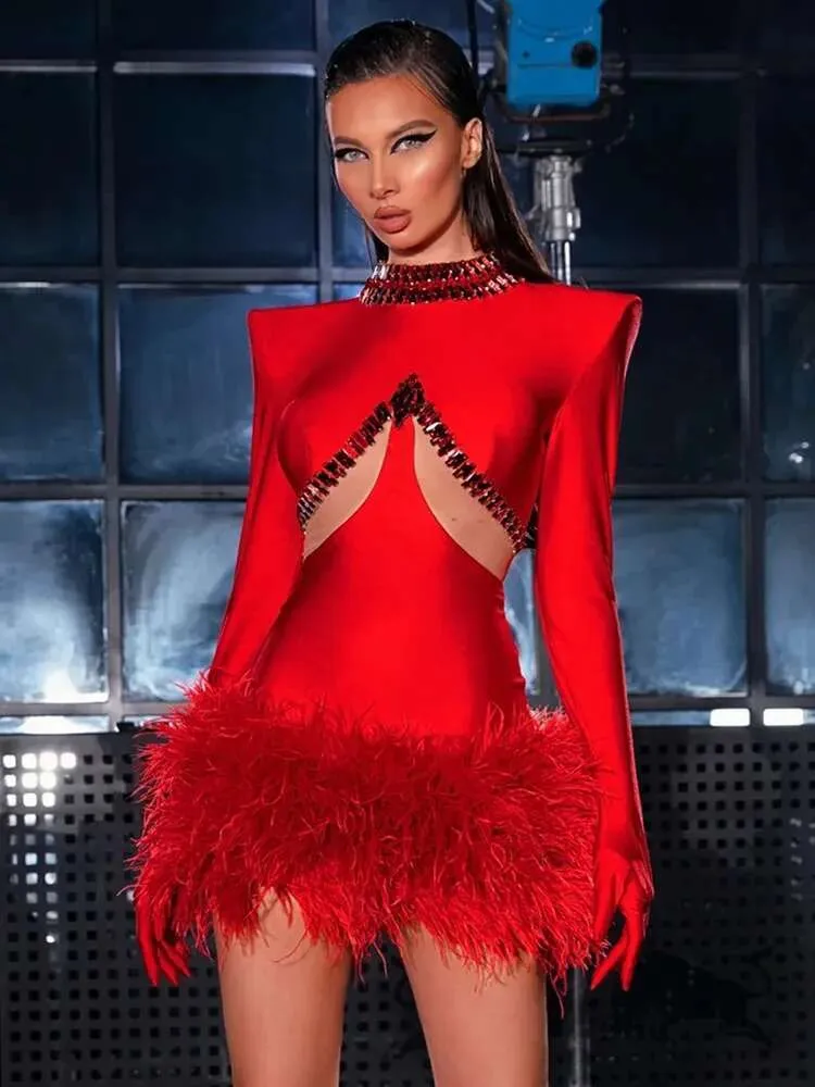 Red Bandage Mini Dress with Beading Long Sleeve Above Knee Straight  Silhouette for Women from Dhgate Skirts - price 103.18