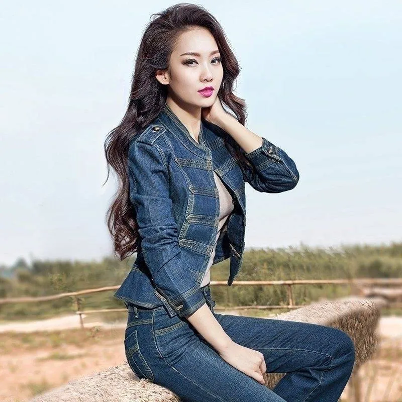 Chaqueta De Mezclilla Para Mujeres Dobladillo Delgado Vintage