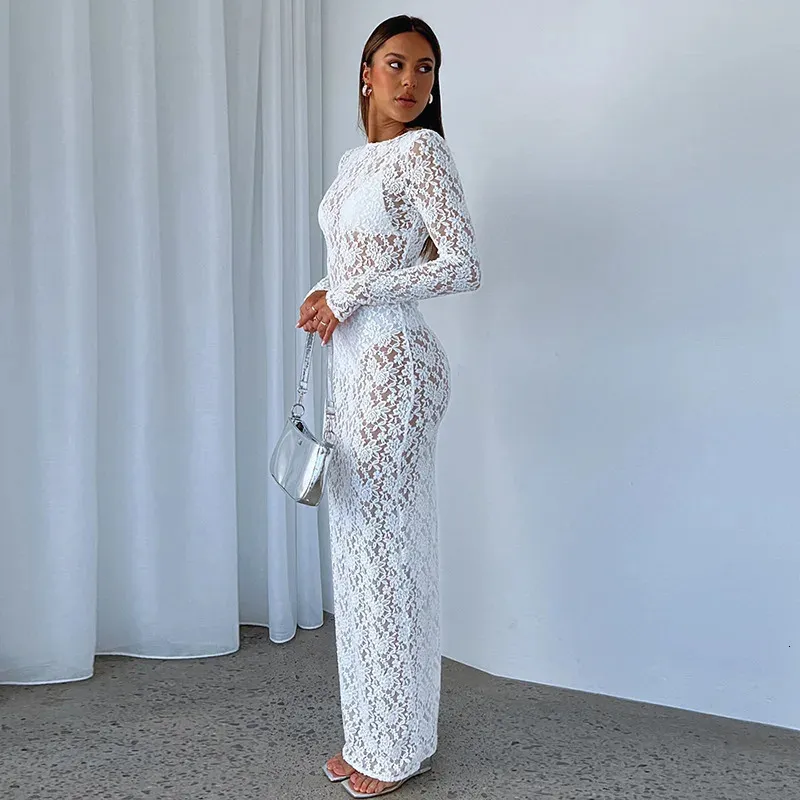 see through lace bodycon dress Maxi Women Sexy Long Sleeve Hollow Party Club Dresses Black White Streetwewar Female Outfits 250310 Sincerely Ours