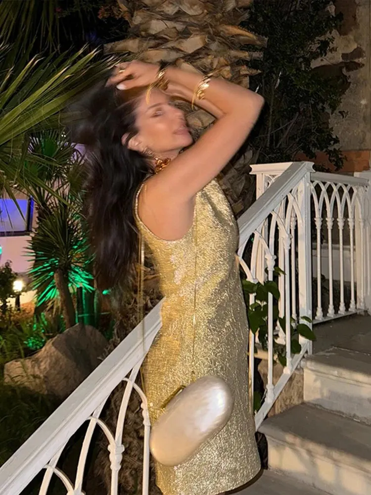 Fashion Gold Shiny Mini Dress For Women Stylish Sleeveless O neck Female Dresses Autumn Ladies Evening Party Vestidoes 250310
