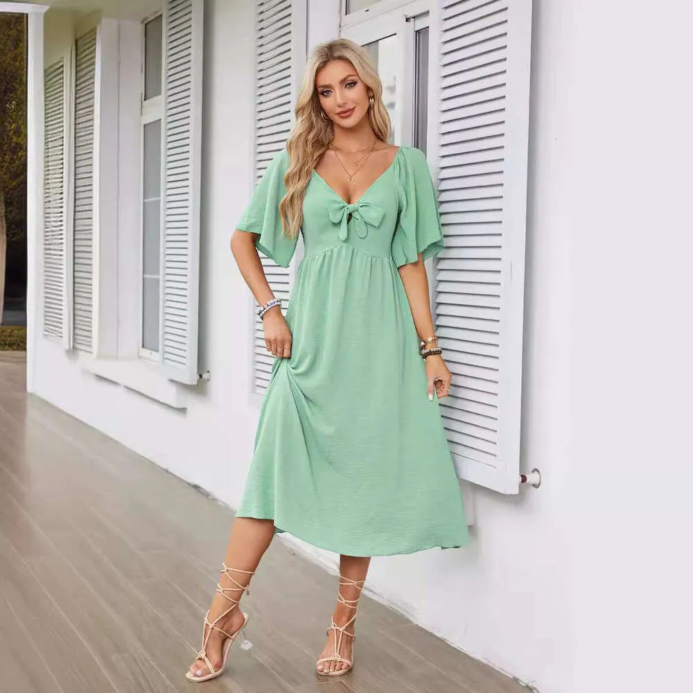 Chic and Elegant Women's V-Neck Bow Midi Dress with Sleeves - European American Style, Short Sleeved, 2025 New Arrival