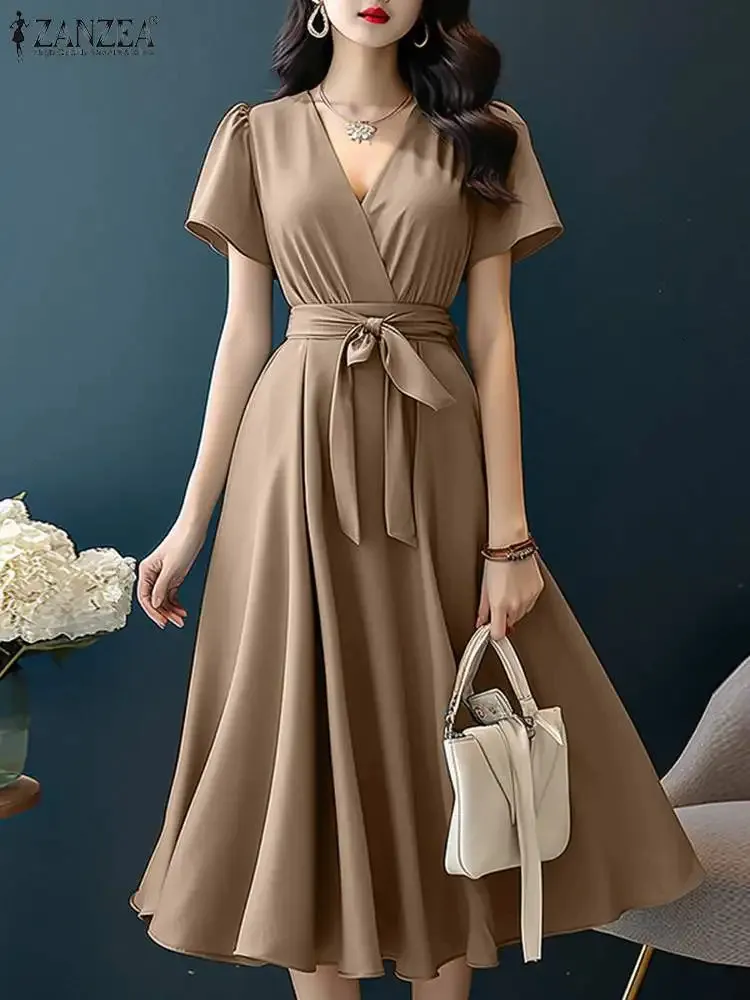 zanzea casual dress 2021 ZANZEA Womens A-Line Midi Dress - Short Sleeve V Neck Casual Sundress with  Belt