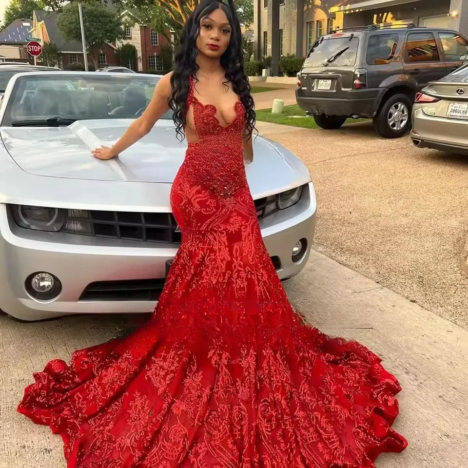 open lace back dress Dark Red Sequined Tulle Strapless Mermaid with High Slit Formal Dresses, CP1000 US12 / As Pic main image 0