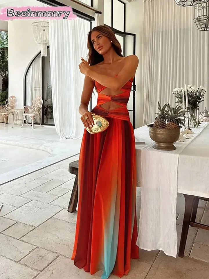 Stylish Printed Maxi red evening dress with Color Collision, Cut-to-Fit, Strapless and Pleated for Women - Perfect for Summer (250313) Stylish Printed Maxi red evening dress with Color Collision, Cut-to-Fit, Strapless and Pleated for Women - Perfect for Summer (250313)