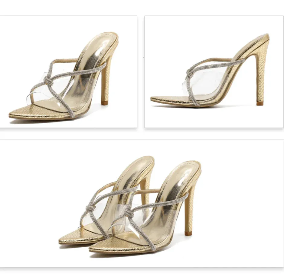 Glitter Crystal Cross Strap Stiletto Mules Elegant Wedding Shoes_voghion.com