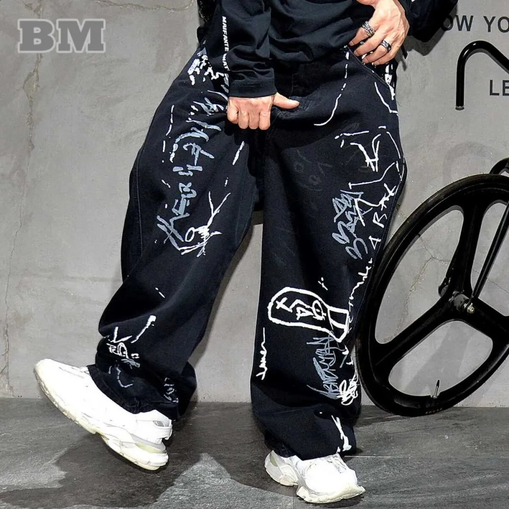 パンツ open Yy KNEE VELCRO GRAFFITI PANTS Hip Hop Baggy Jeans Mens Denim Streetwear Paint Graffiti Black