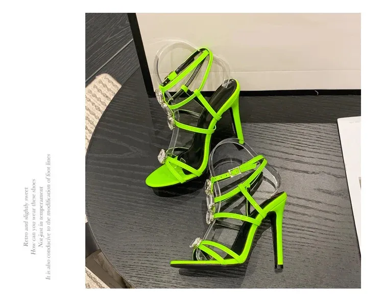Crystal Rhinestone Neon Green Strappy Gladiator Sandals For Women_voghion.com