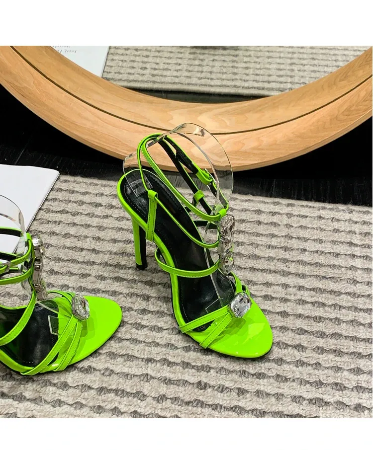 Crystal Rhinestone Neon Green Strappy Gladiator Sandals For Women_voghion.com