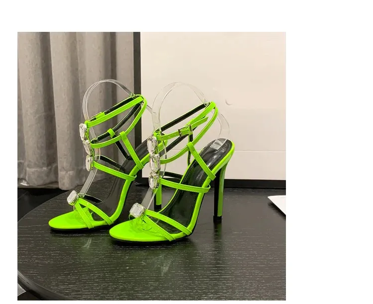 Crystal Rhinestone Neon Green Strappy Gladiator Sandals For Women_voghion.com