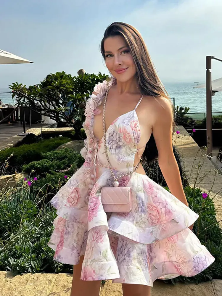 Floral Backless Mini Blue Cocktail Dress with Deep V-Neck and Sleeveless Design - Perfect for Parties, Beach and Spring/Summer - Sexy and Elegant Lady
