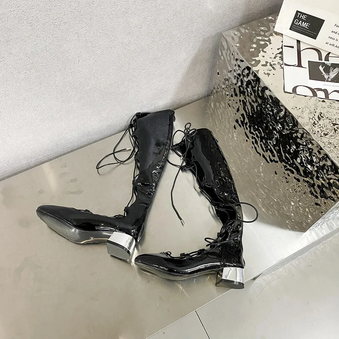 Women's Patent Leather Gladiator Sandals Knee High Cut Out Boots_voghion.com