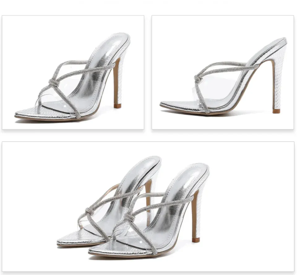 Glitter Crystal Cross Strap Stiletto Mules Elegant Wedding Shoes_voghion.com