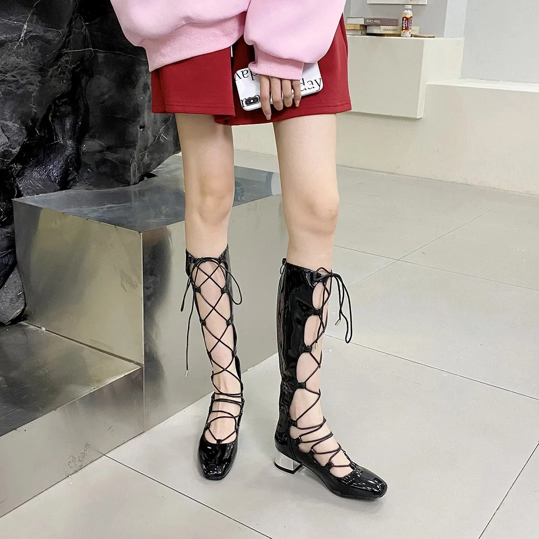 Women's Patent Leather Gladiator Sandals Knee High Cut Out Boots_voghion.com