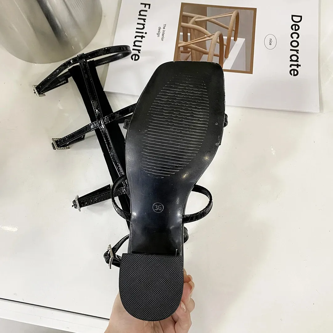 AIYKAZYSDL Patent Leather Cut Hollow Out Summer Cross Strap Gladiator Rome Sandals Knee High Boots Block Heel Shoes_voghion.com