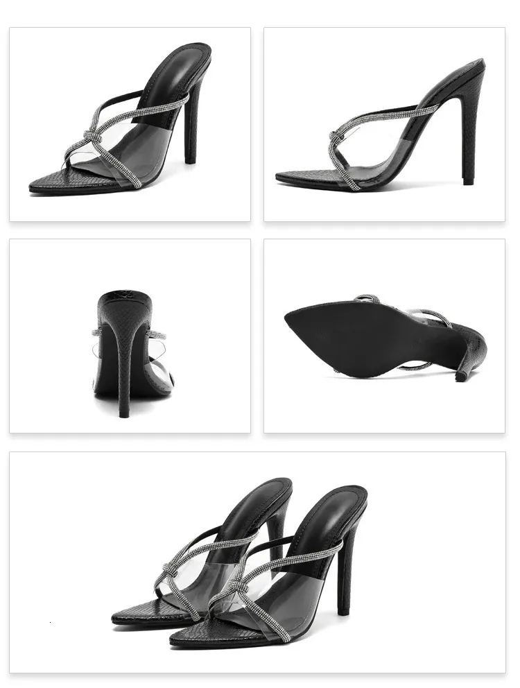 Glitter Crystal Cross Strap Stiletto Mules Elegant Wedding Shoes_voghion.com