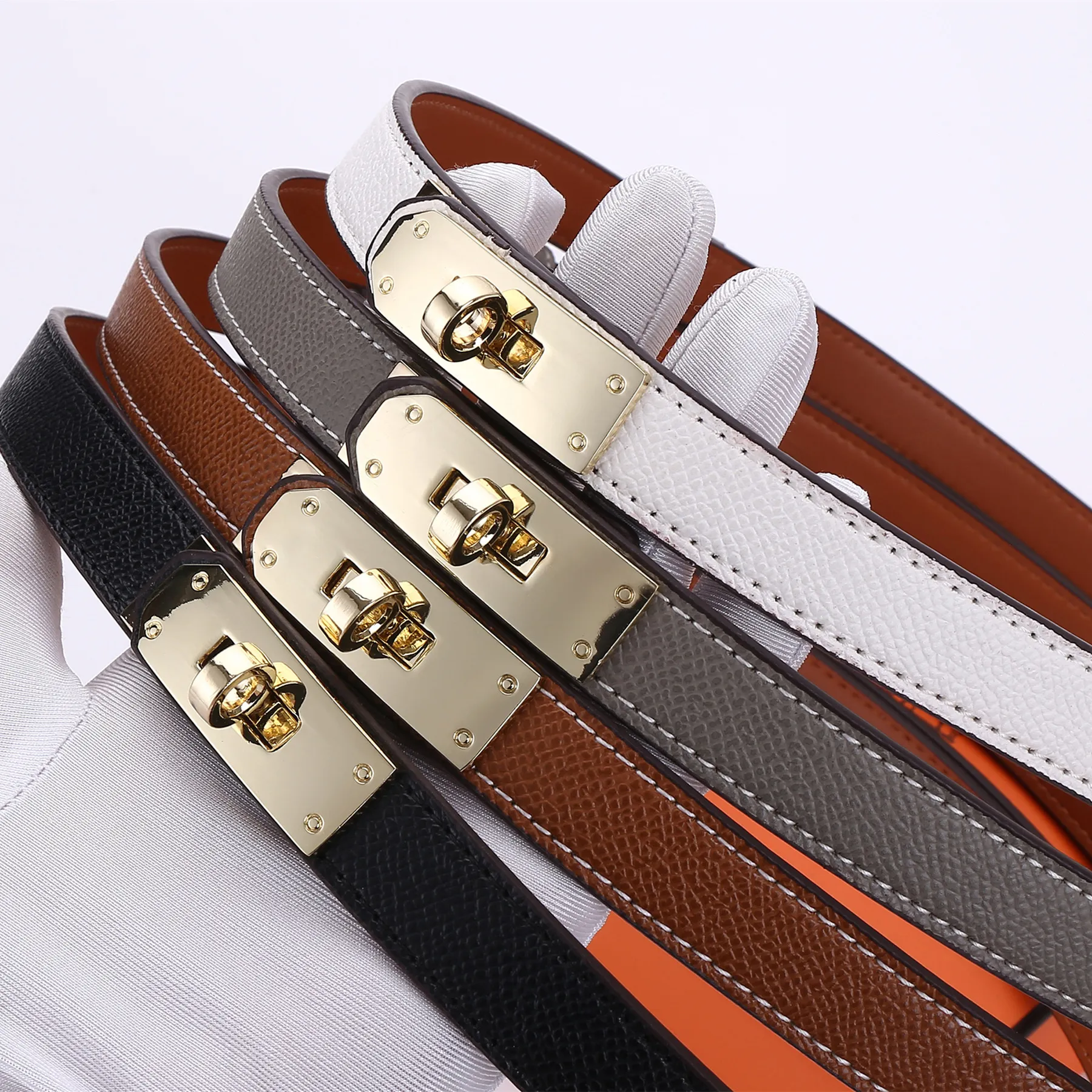 Genuine Leather Skinny Belt Adjustable Waist Belt for Women Ovekaut Women Skinny Leather Belt,Solid Color Alloy Turn  main image 2