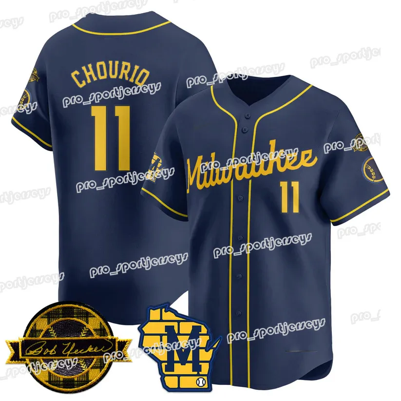 Navy 2021 Brewers Jersey Bob Uecker 22 Christian Yelich Breweres