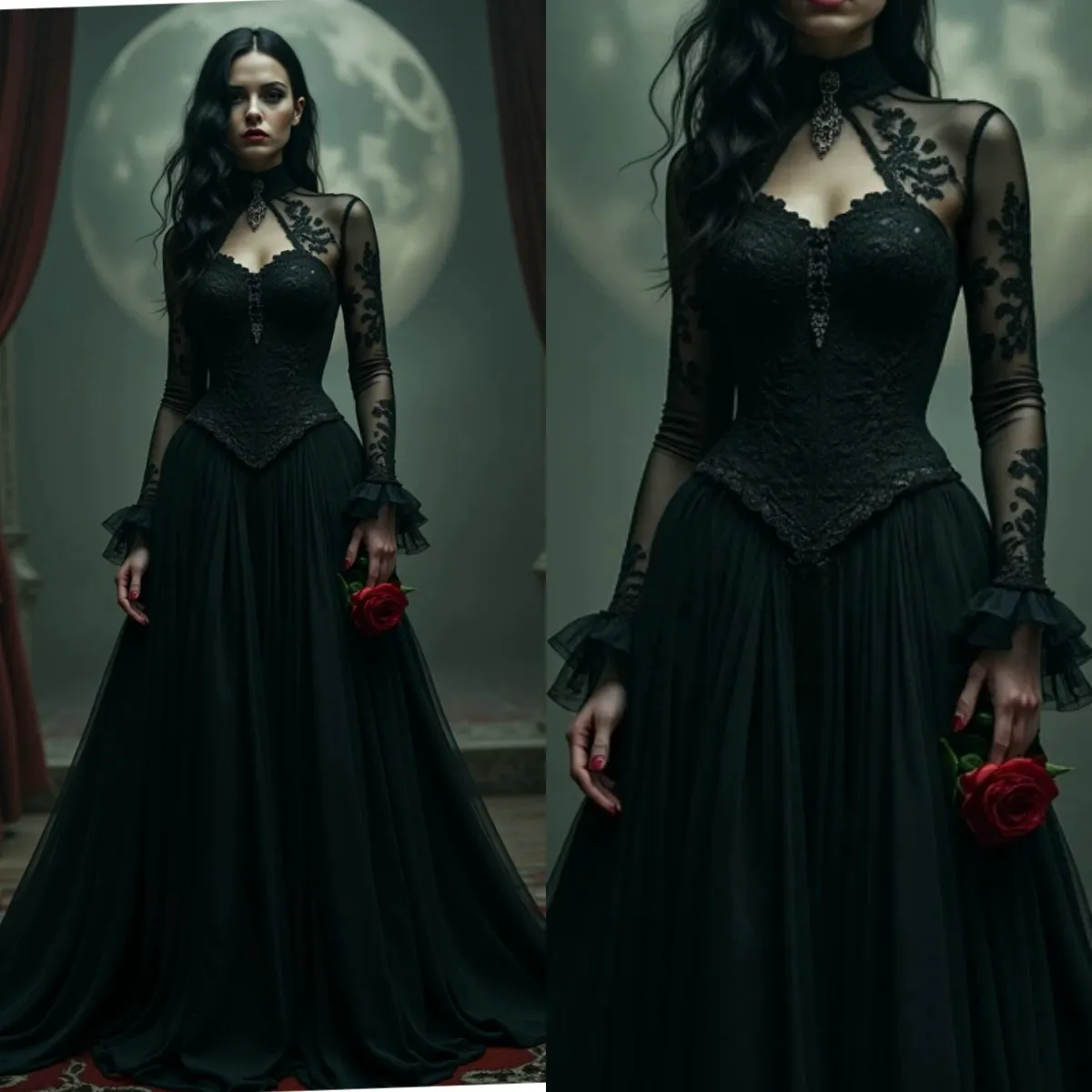Elegant Long Sleeve Black Gothic Wedding Dress: A Line, Keyhole Back ...