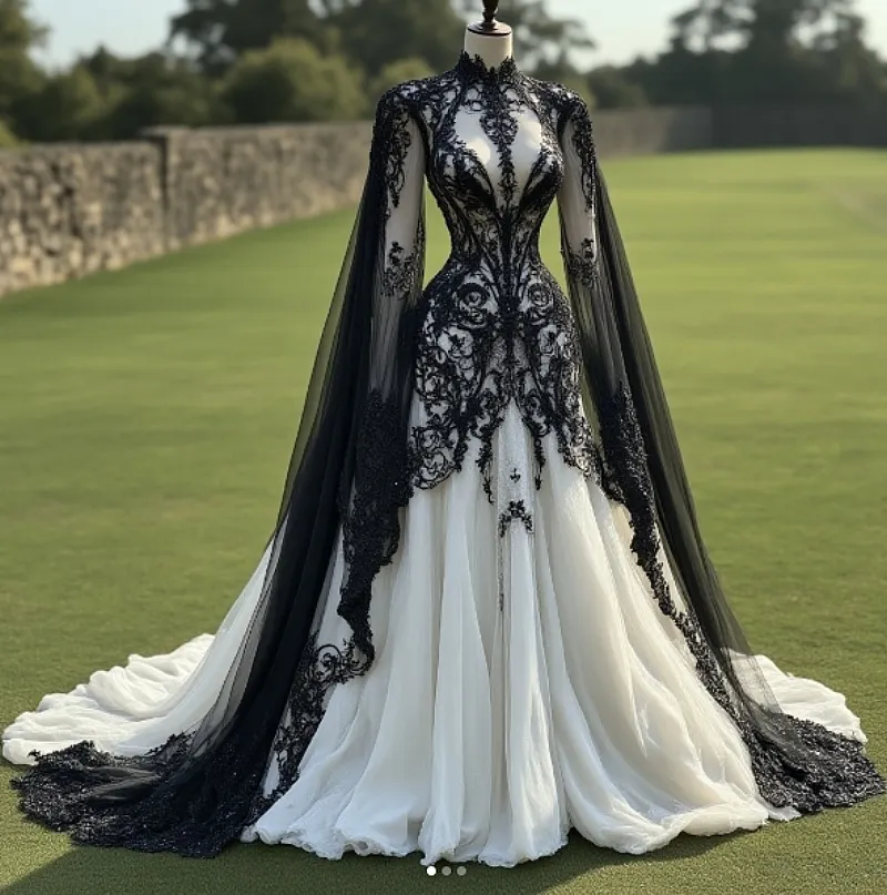 Black+White Wedding Dresses Gothic Lace Applique with Cape Sleeves High  Collar | eBay