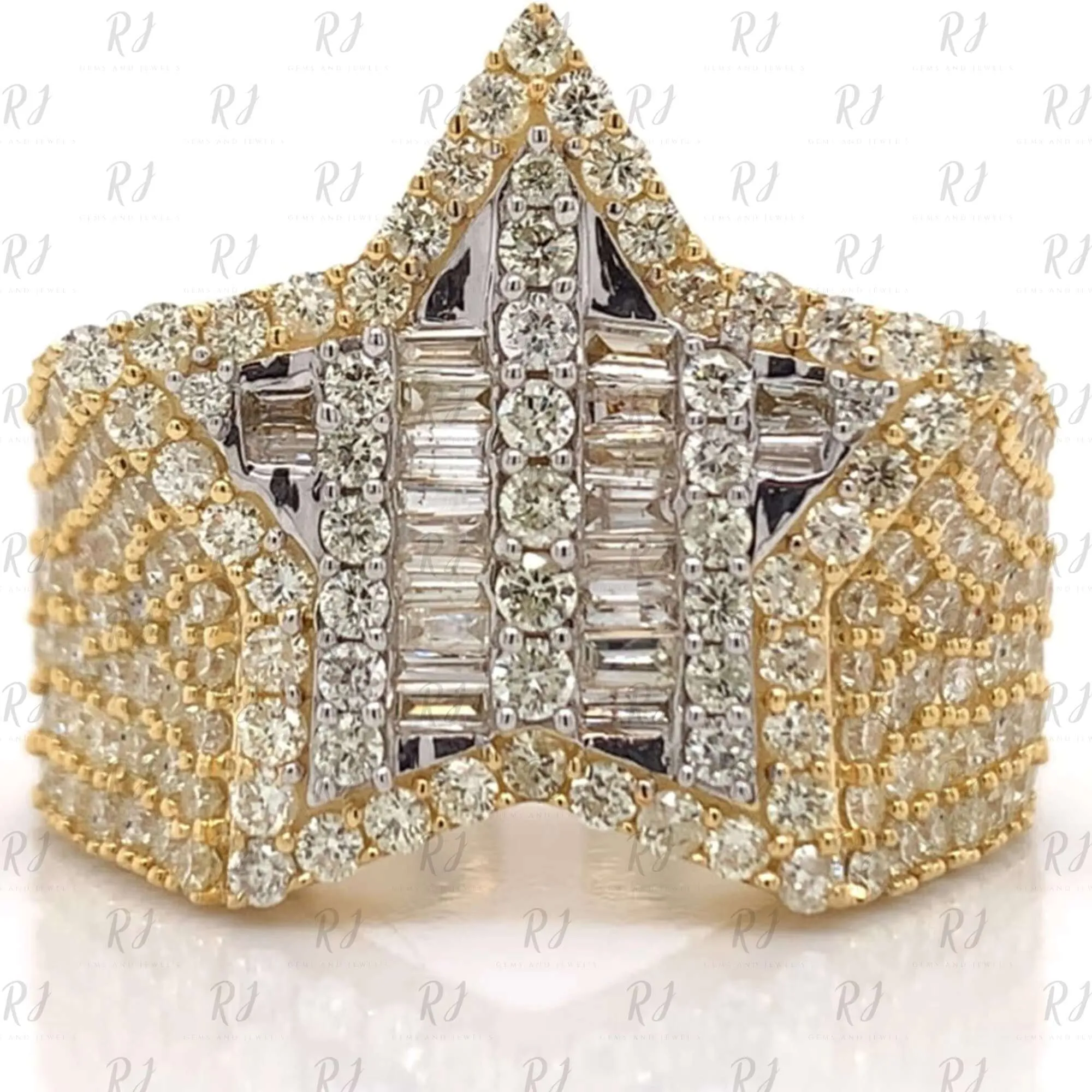 Baugette Rapper Ring Men's Iced Out Moissanite Hip Hop Rapper Star Ring with Round ...