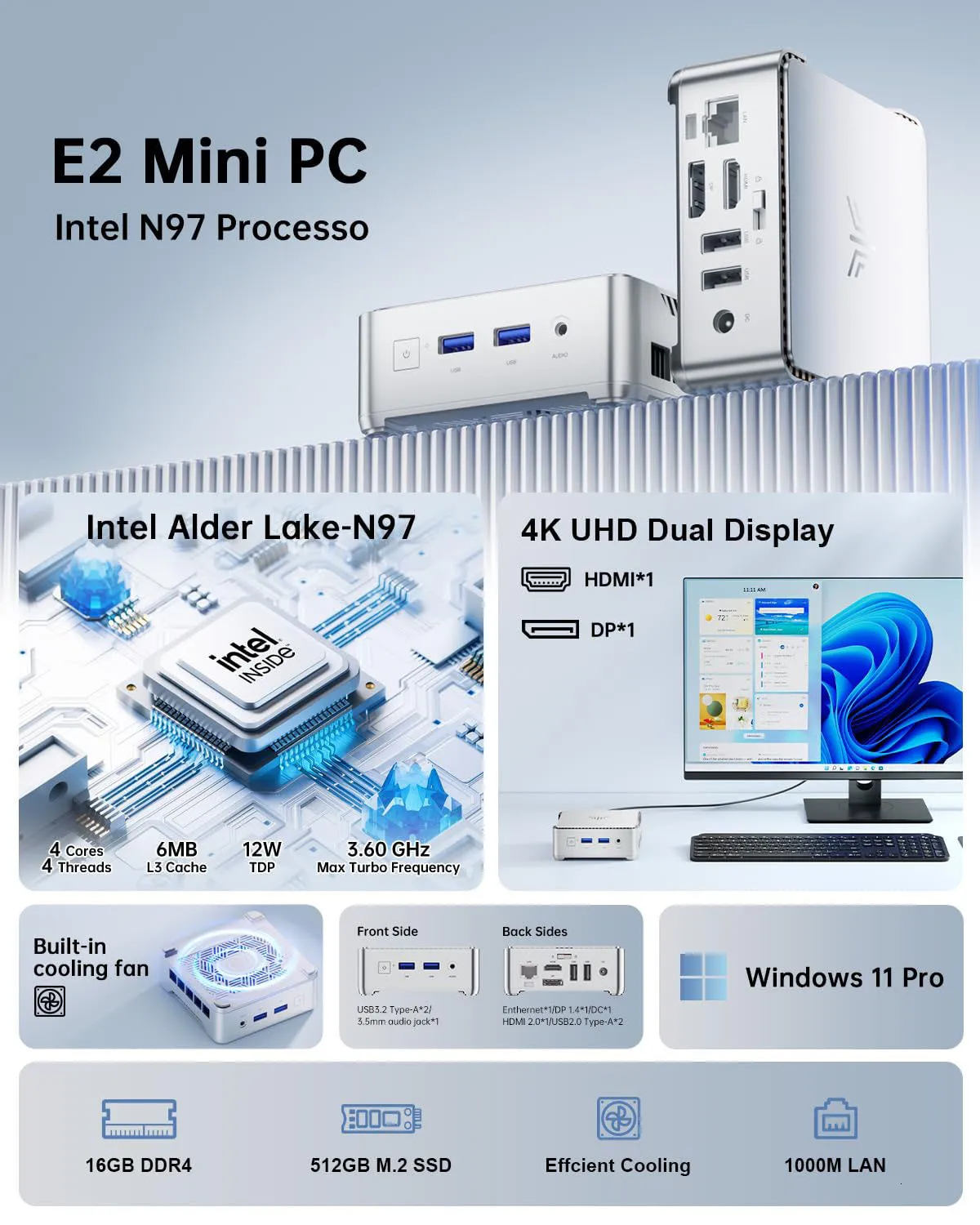 Alder Lake-N97minipcWindows11 Pro LPDDR5 ACEMAGIC Mini PC E2 Mini 