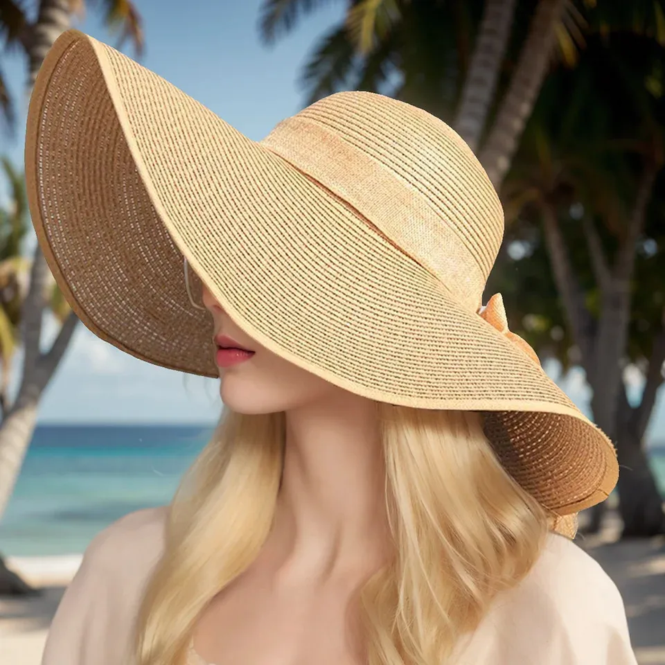 Save Big on Bulk Large Brim Sun Hats For Women Summer Beach Vacation Big  Hat Brim Sunscreen Suitable For Women Fashion And Paradigm Bow Ribbon Straw 