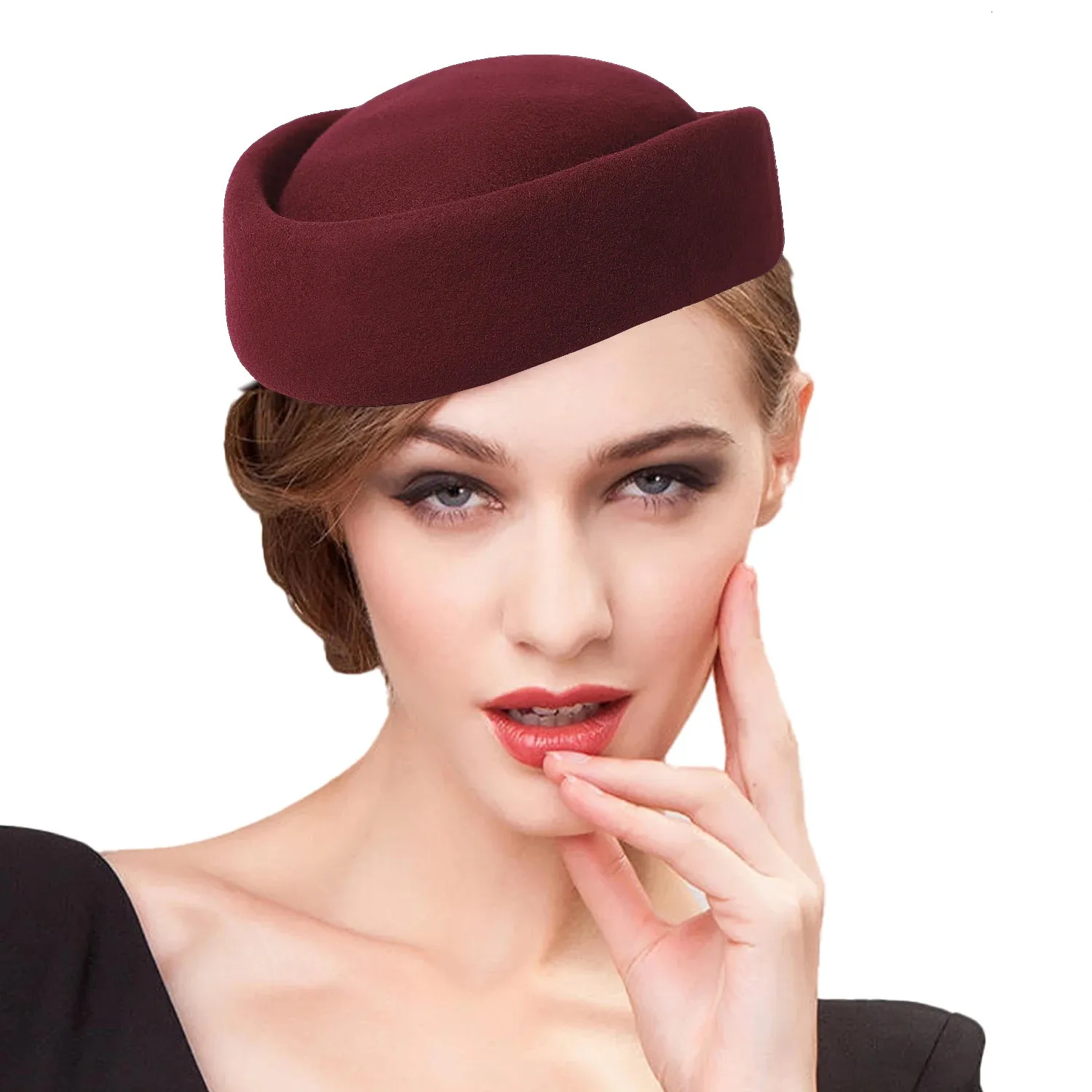 7266 Camel Wool Felt Fascinator Beret Hats For Women Ladies Elegant Wedding Blocked Wool Felt Beret. Hats for Men & Women main image 4