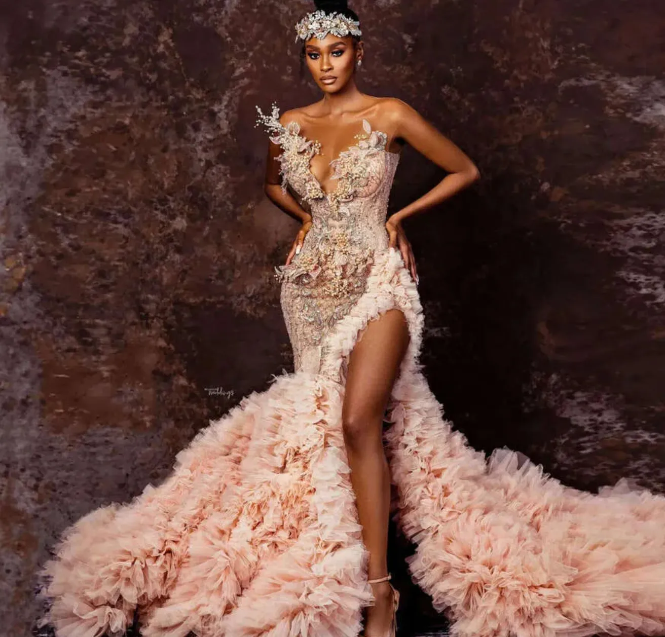 Customizable Sheer Neck Mermaid Periwinkle Formal Dress with 3D Appliques, Pink Ruffles, and Tiered Train - 25 Collection