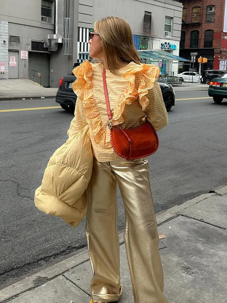 Laminated Ruffle Yellow Checkered Shirt For Women  From Yao03