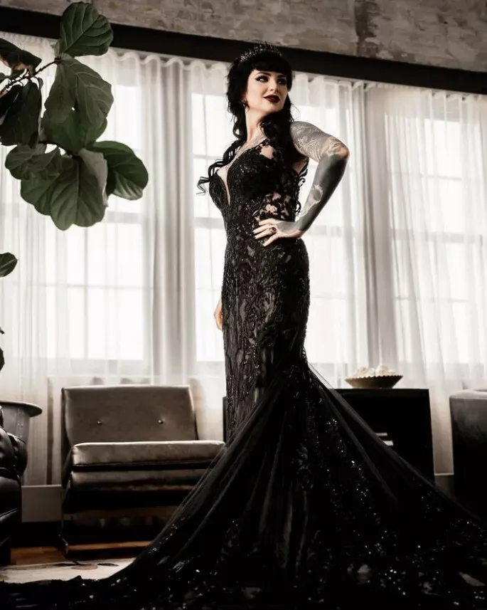 gothic boho wedding dress Gothic Black Wedding Dress Long Sleeves V-Neck Boho Bridal Gowns Lace Appliques