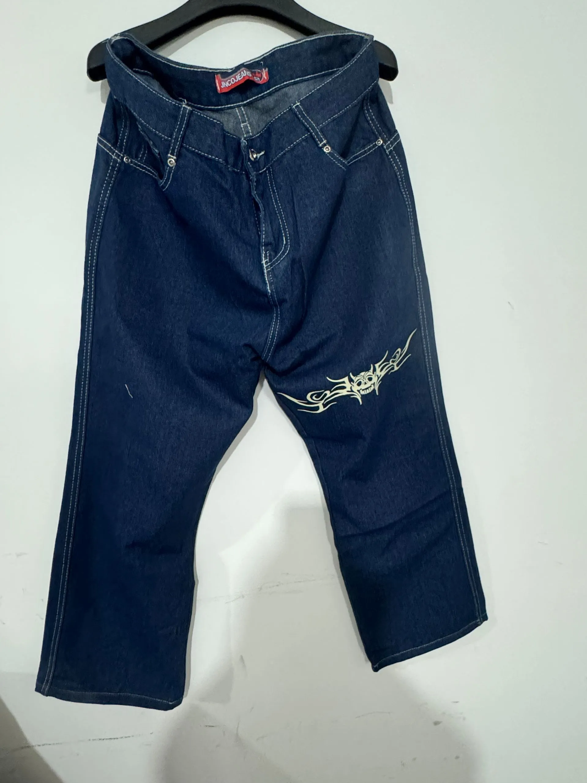 JNCO Mens Harajuku Retro Hip Hop Skull Print Baggy Denim JNCO Mens Harajuku Retro Hip Hop Skull Print Baggy Denim