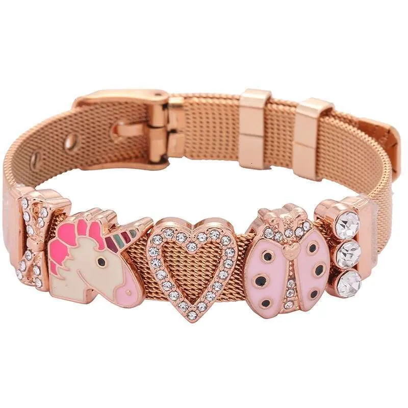 Stainless Steel Keeper Mesh With Lovely Bee & Ladybug Crystal Slide Charms Wrap Bracelets Bangle For Women Gift_voghion.com