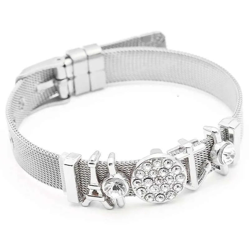 Jewelry Silver Color Stainless Steel Mesh Bangles With Love Heart Slide Charms Bracelets For Women Lover Gift_voghion.com