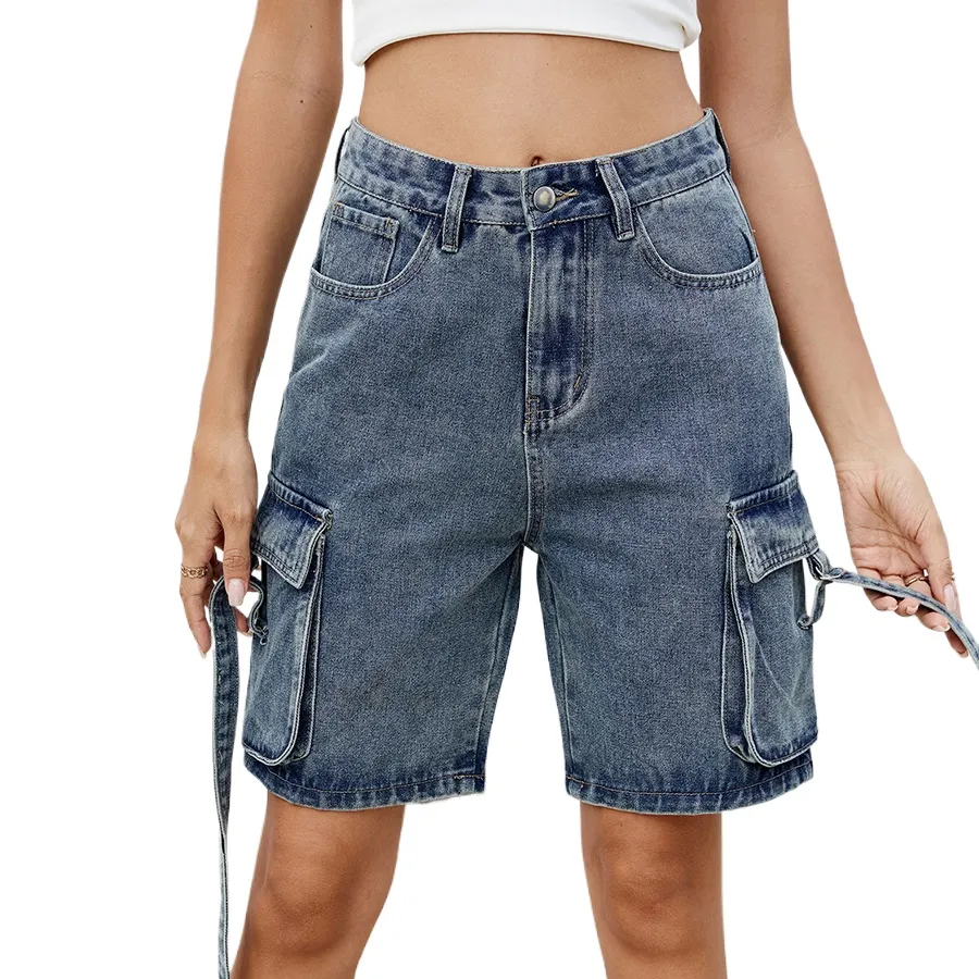Women's Denim Cargo Shorts: Knee Length, Straight Leg, Loose Fit, Casual  Pocket Shorts with Elastic Waist