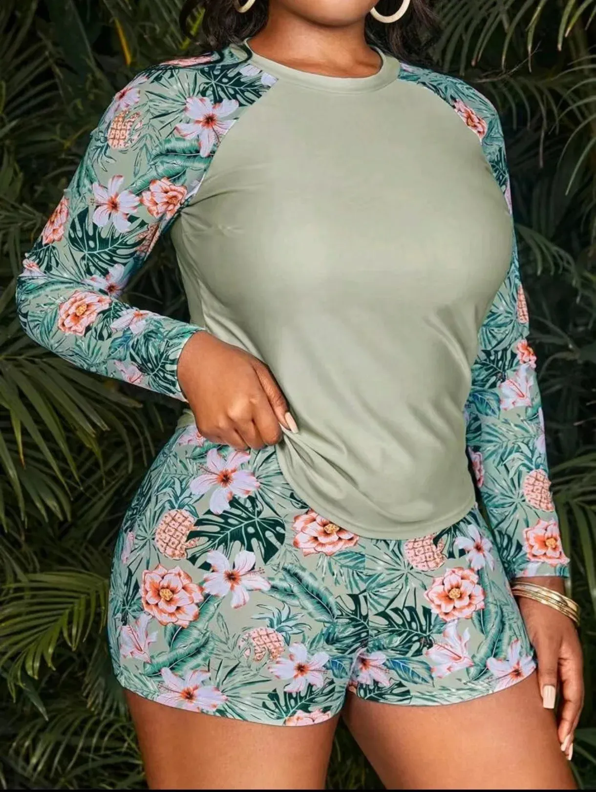 Women's Tropical Long Sleeve Swimsuit with Sleeves