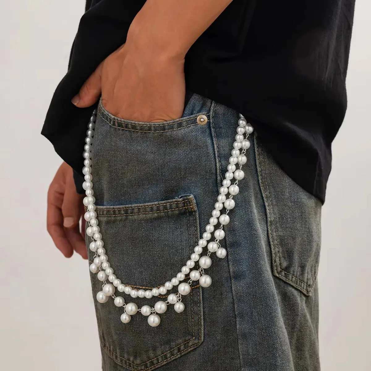 Men Hip Hop Multilayer Pearl Jeans Pants Keychain