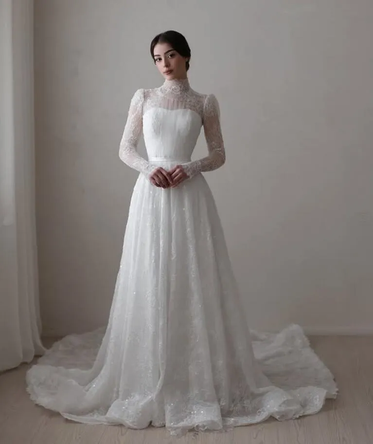 modern muslim wedding dresses Islamic Ivory Full Lace Pearls Muslim Wedding Dress Without Hijab