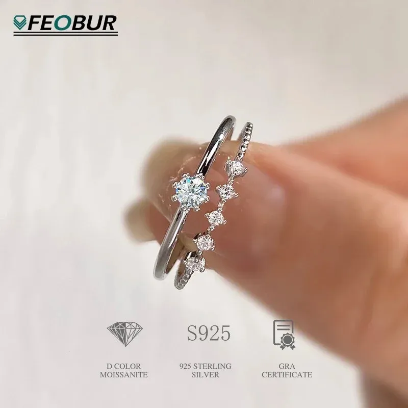 FEOBUR 3mm Moissanite Diamond Ring Set For Women 925 Sterling Silver Plated Platinum Brilliant Stacking Rings Jewelry_voghion.com