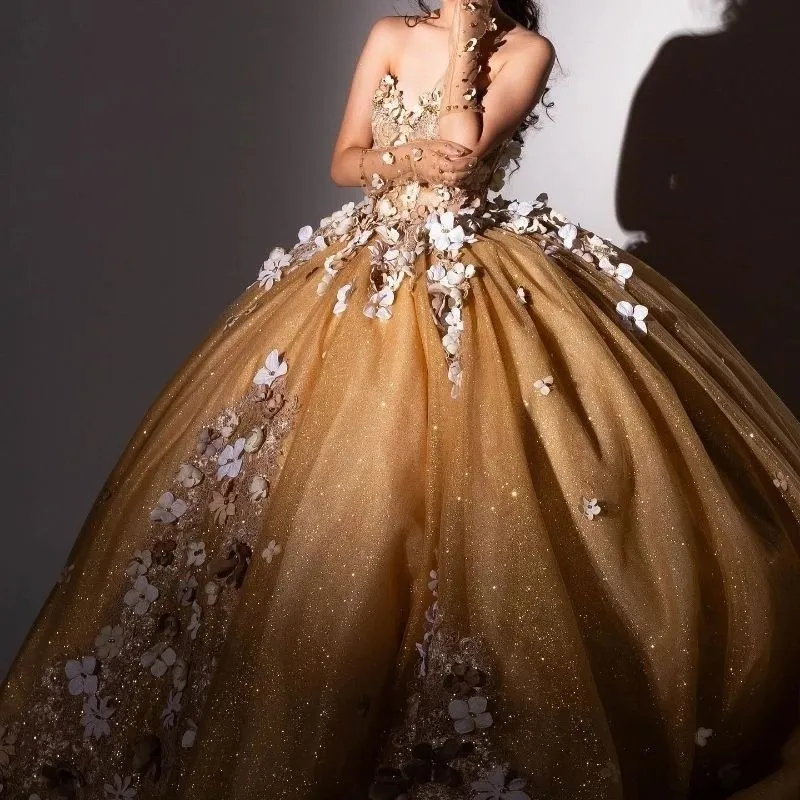 off the shoulder champagne quince dress 3D Floral Sequin Long Ball Gown Quinceaera Dress by LaDivine CD0185 The Dress Outlet