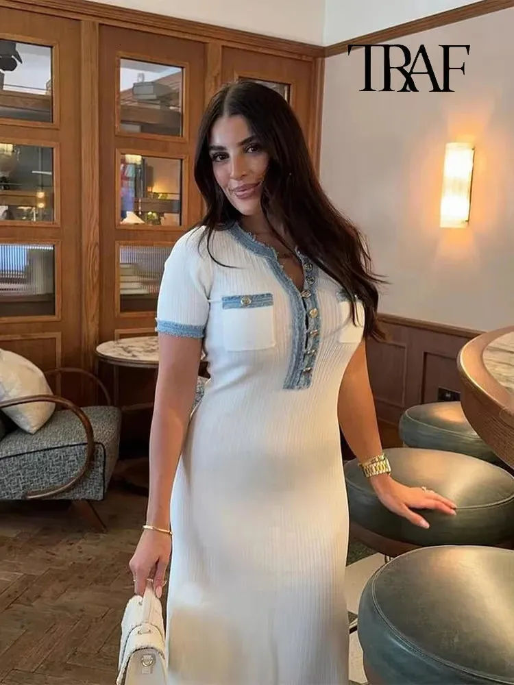 Traf Women's Fashion Splicing Knit Slim Long Short Sleeve Midi Dress with V-Neck and Short Sleeves, Button Closure, Pleated Wrap, and Elegant Casual