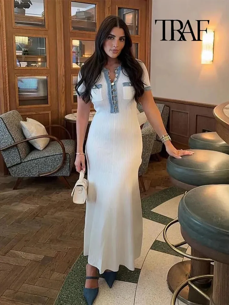 Traf Women's Fashion Splicing Knit Slim Long Short Sleeve Midi Dress with V-Neck and Short Sleeves, Button Closure, Pleated Wrap, and Elegant Casual Traf Women's Fashion Splicing Knit Slim Long Short Sleeve Midi Dress with V-Neck and Short Sleeves, Button Closure, Pleated Wrap, and Elegant Casual