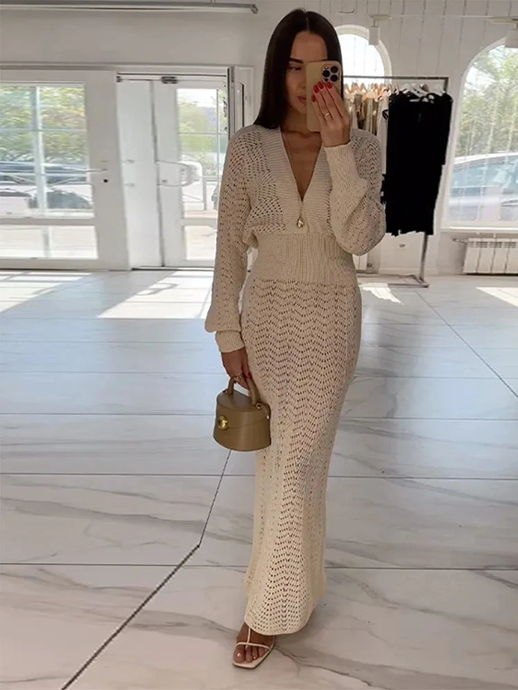 Sexy Knitted White Long Skirts Slimming High Waist Deep V Neck Long Sleeve  Dresses For Women Party And Beach Wear From Qiyuan03, $23.51 | DHgate.Com