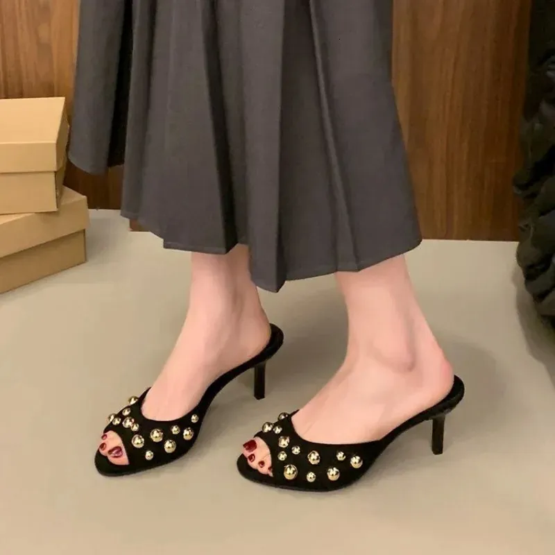 Studded Peep Toe Mules Stiletto Slip On Gold Rivets Decor Classic Sexy Women Summer Sandals Dress Party Daily Casual_voghion.com