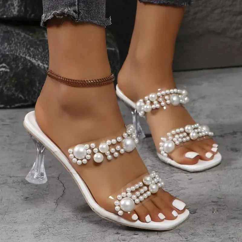Slippersandalen Transparante Niche Sexy Schoenen Parel Plus Size Dames Franse Kristal Wijnglas Hak 250321_voghion.com