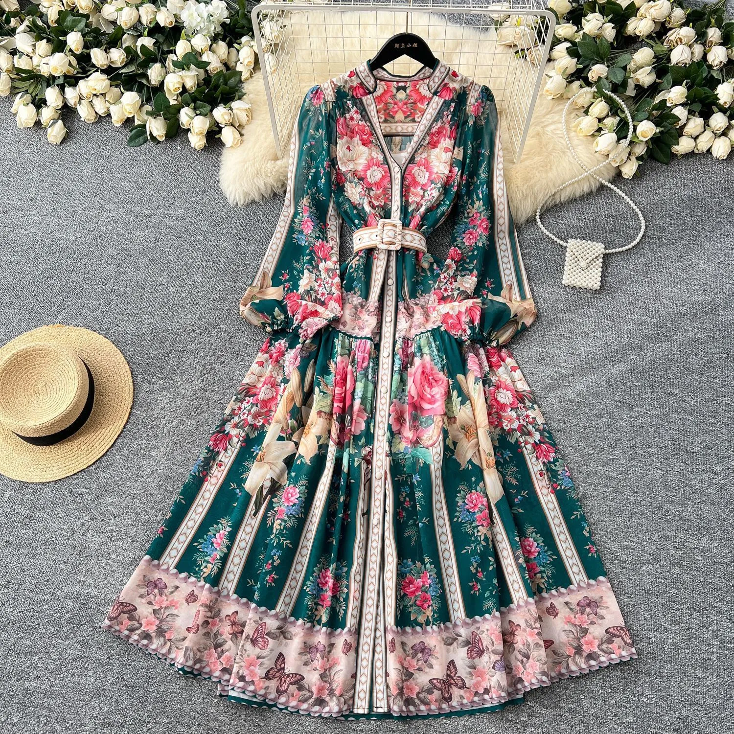 2024 Fashionable Linen Maxi floral print dress with Lantern Sleeves, Colorblock Print, and Lace-Up Loose Fit for Women - Perfect for Holidays and