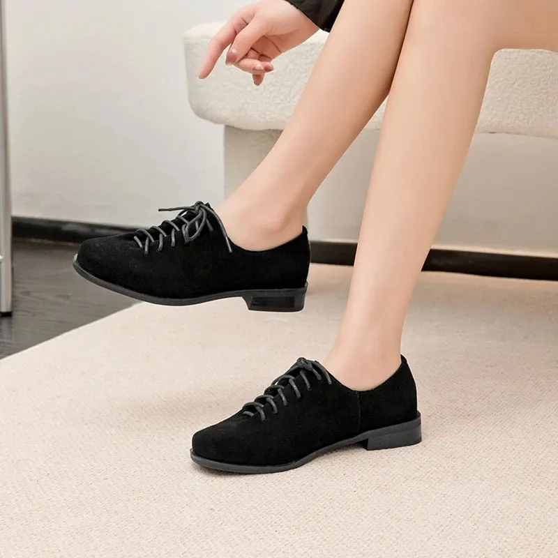 Damen Loafer Aus Echtem Wildleder Mit Schnürung Im Britischen Stil_voghion.com