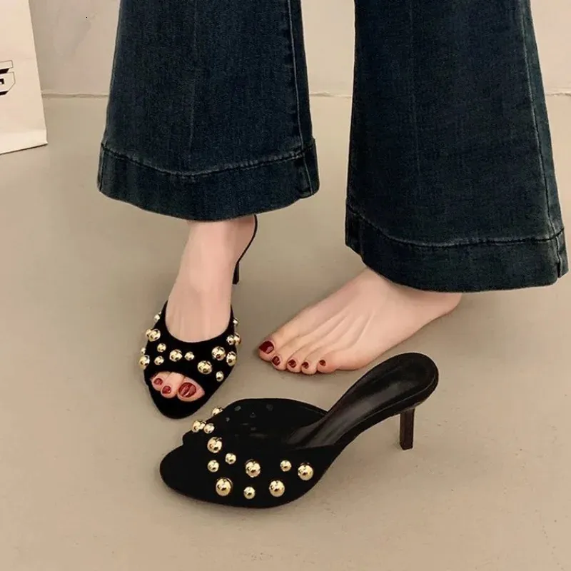 Studded Peep Toe Mules Stiletto Slip On Gold Rivets Decor Classic Sexy Women Summer Sandals Dress Party Daily Casual_voghion.com