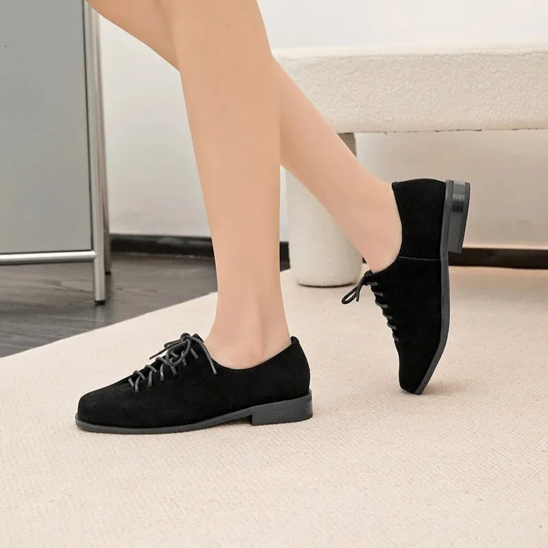 Damen Loafer Aus Echtem Wildleder Mit Schnürung Im Britischen Stil_voghion.com