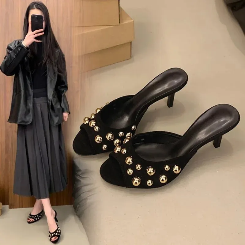 Studded Peep Toe Mules Stiletto Slip On Gold Rivets Decor Classic Sexy Women Summer Sandals Dress Party Daily Casual_voghion.com