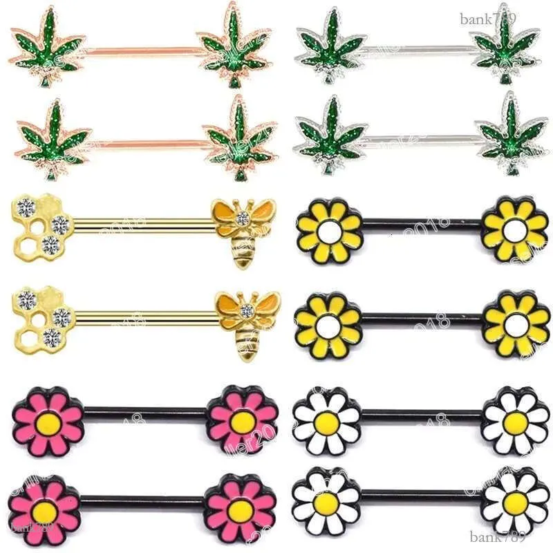 Niedliche Piercings mit Blumenmotiven, Edelstahl-Hantelstab mit Kristallabdeckung, Bienen- und Blättermotiven, Brustwarzenpiercings, Körperschmuck_voghion.com